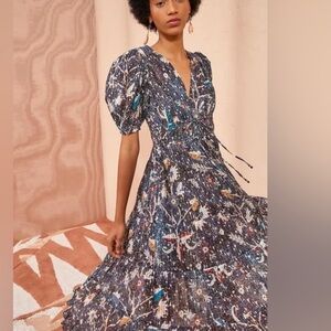 ULLA JOHNSON NWT Thelma Vneck Tiered Puff-sleeve Drawstrings Waist Midi Dress 10